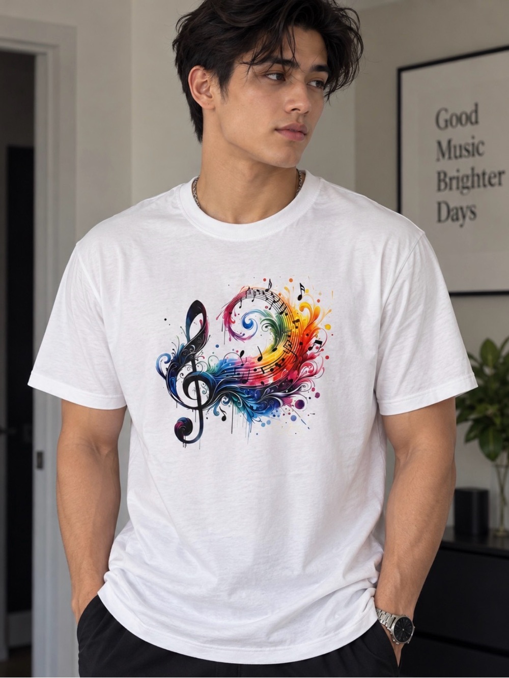 White Graphic Music Treble Clef T-Shirt